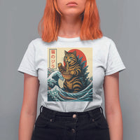 Catzilla T Shirt For Women Cute Cat Eating Ramen Japanese Sun Wave Art - Wonder Print Shop