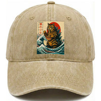 Cute Giant Cat Monster Eating Ramen Washed Cotton Baseball Cap Japanese Sun Wave Art