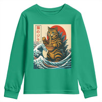 Catzilla Youth Sweatshirt Cute Cat Eating Ramen Japanese Sun Wave Art - Wonder Print Shop