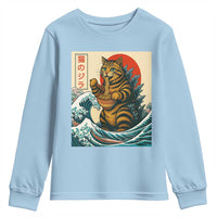 Catzilla Youth Sweatshirt Cute Cat Eating Ramen Japanese Sun Wave Art - Wonder Print Shop
