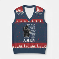 Military Christian Warrior V-Neck Knit Sweater Vest The Devil Saw Me With My Head Down And Thought He'd Won