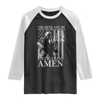 Military Soldier Skull Christian Faith Raglan Shirt The Devil Saw Me With My Head Down And Thought He'd Won