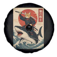Funny Samurai Cat Riding Shark Spare Tire Cover Vintage Japanese Ukiyoe