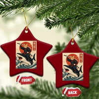 Funny Samurai Cat Riding Shark Ceramic Ornament Vintage Japanese Ukiyoe