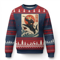 Funny Samurai Cat Riding Shark Ugly Christmas Sweater Vintage Japanese Ukiyoe