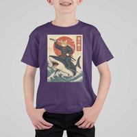 Funny Samurai Cat Riding Shark T Shirt For Kid Vintage Japanese Ukiyoe