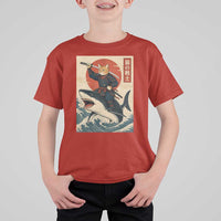 Funny Samurai Cat Riding Shark T Shirt For Kid Vintage Japanese Ukiyoe