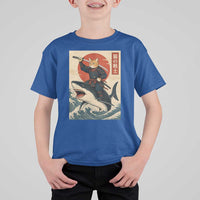 Funny Samurai Cat Riding Shark T Shirt For Kid Vintage Japanese Ukiyoe
