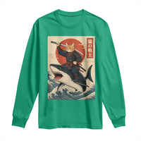 Funny Samurai Cat Riding Shark Long Sleeve Shirt Vintage Japanese Ukiyoe