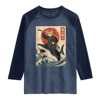 Funny Samurai Cat Riding Shark Raglan Shirt Vintage Japanese Ukiyoe