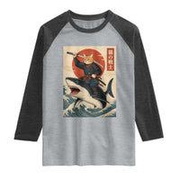 Funny Samurai Cat Riding Shark Raglan Shirt Vintage Japanese Ukiyoe