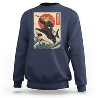 Funny Samurai Cat Riding Shark Sweatshirt Vintage Japanese Ukiyoe