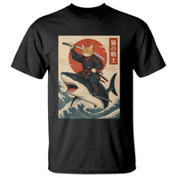 Funny Samurai Cat Riding Shark T Shirt Vintage Japanese Ukiyoe