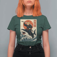 Funny Samurai Cat Riding Shark T Shirt For Women Vintage Japanese Ukiyoe