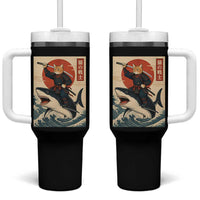 Funny Samurai Cat Riding Shark Tumbler With Handle Vintage Japanese Ukiyoe