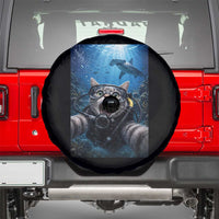 Funny Scuba Diving Cat Selfie With Hammerhead Shark Spare Tire Cover