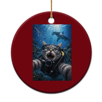 Funny Scuba Diving Cat Selfie With Hammerhead Shark Ceramic Ornament