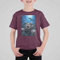 Funny Scuba Diving Cat Selfie With Hammerhead Shark T Shirt For Kid