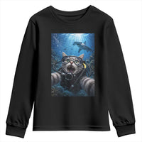 Funny Scuba Diving Cat Selfie With Hammerhead Shark Youth Sweatshirt