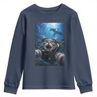 Funny Scuba Diving Cat Selfie With Hammerhead Shark Youth Sweatshirt