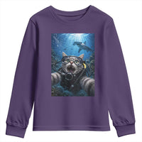 Funny Scuba Diving Cat Selfie With Hammerhead Shark Youth Sweatshirt