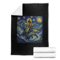 Funny Christian Jesus Riding Hammerhead Shark Throw Blanket Starry Night Inspired Art