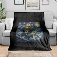 Funny Christian Jesus Riding Hammerhead Shark Throw Blanket Starry Night Inspired Art
