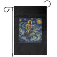 Funny Christian Jesus Riding Hammerhead Shark Garden Flag Starry Night Inspired Art