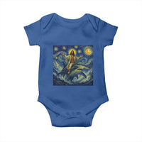 Funny Christian Jesus Riding Hammerhead Shark Baby Onesie Starry Night Inspired Art