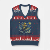 Funny Christian Jesus Riding Hammerhead Shark V-Neck Knit Sweater Vest Starry Night Inspired Art