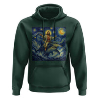 Funny Christian Jesus Riding Hammerhead Shark Hoodie Starry Night Inspired Art