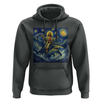Funny Christian Jesus Riding Hammerhead Shark Hoodie Starry Night Inspired Art