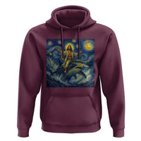 Funny Christian Jesus Riding Hammerhead Shark Hoodie Starry Night Inspired Art