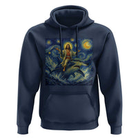 Funny Christian Jesus Riding Hammerhead Shark Hoodie Starry Night Inspired Art