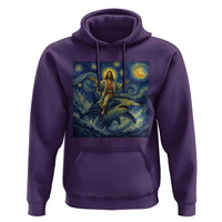 Funny Christian Jesus Riding Hammerhead Shark Hoodie Starry Night Inspired Art