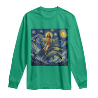 Funny Christian Jesus Riding Hammerhead Shark Long Sleeve Shirt Starry Night Inspired Art
