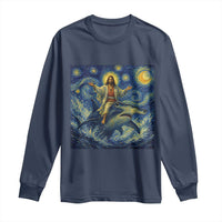 Funny Christian Jesus Riding Hammerhead Shark Long Sleeve Shirt Starry Night Inspired Art