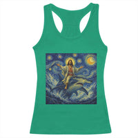 Funny Christian Jesus Riding Hammerhead Shark Racerback Tank Top Starry Night Inspired Art
