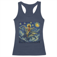 Funny Christian Jesus Riding Hammerhead Shark Racerback Tank Top Starry Night Inspired Art