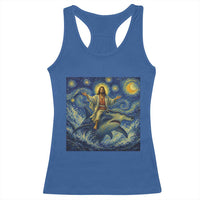 Funny Christian Jesus Riding Hammerhead Shark Racerback Tank Top Starry Night Inspired Art