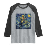 Funny Christian Jesus Riding Hammerhead Shark Raglan Shirt Starry Night Inspired Art