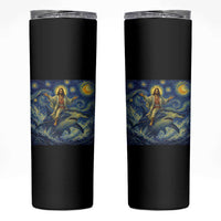 Funny Christian Jesus Riding Hammerhead Shark Skinny Tumbler Starry Night Inspired Art