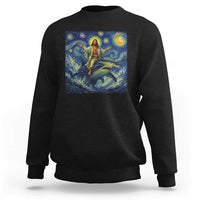 Funny Christian Jesus Riding Hammerhead Shark Sweatshirt Starry Night Inspired Art