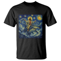 Funny Christian Jesus Riding Hammerhead Shark T Shirt Starry Night Inspired Art