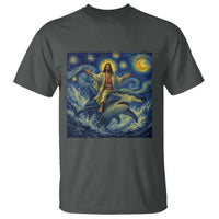 Funny Christian Jesus Riding Hammerhead Shark T Shirt Starry Night Inspired Art