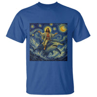 Funny Christian Jesus Riding Hammerhead Shark T Shirt Starry Night Inspired Art