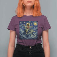 Funny Christian Jesus Riding Hammerhead Shark T Shirt For Women Starry Night Inspired Art