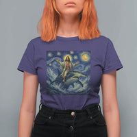 Funny Christian Jesus Riding Hammerhead Shark T Shirt For Women Starry Night Inspired Art