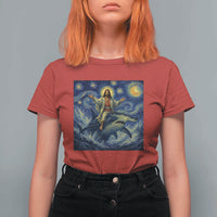 Funny Christian Jesus Riding Hammerhead Shark T Shirt For Women Starry Night Inspired Art