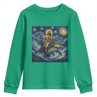 Funny Christian Jesus Riding Hammerhead Shark Youth Sweatshirt Starry Night Inspired Art